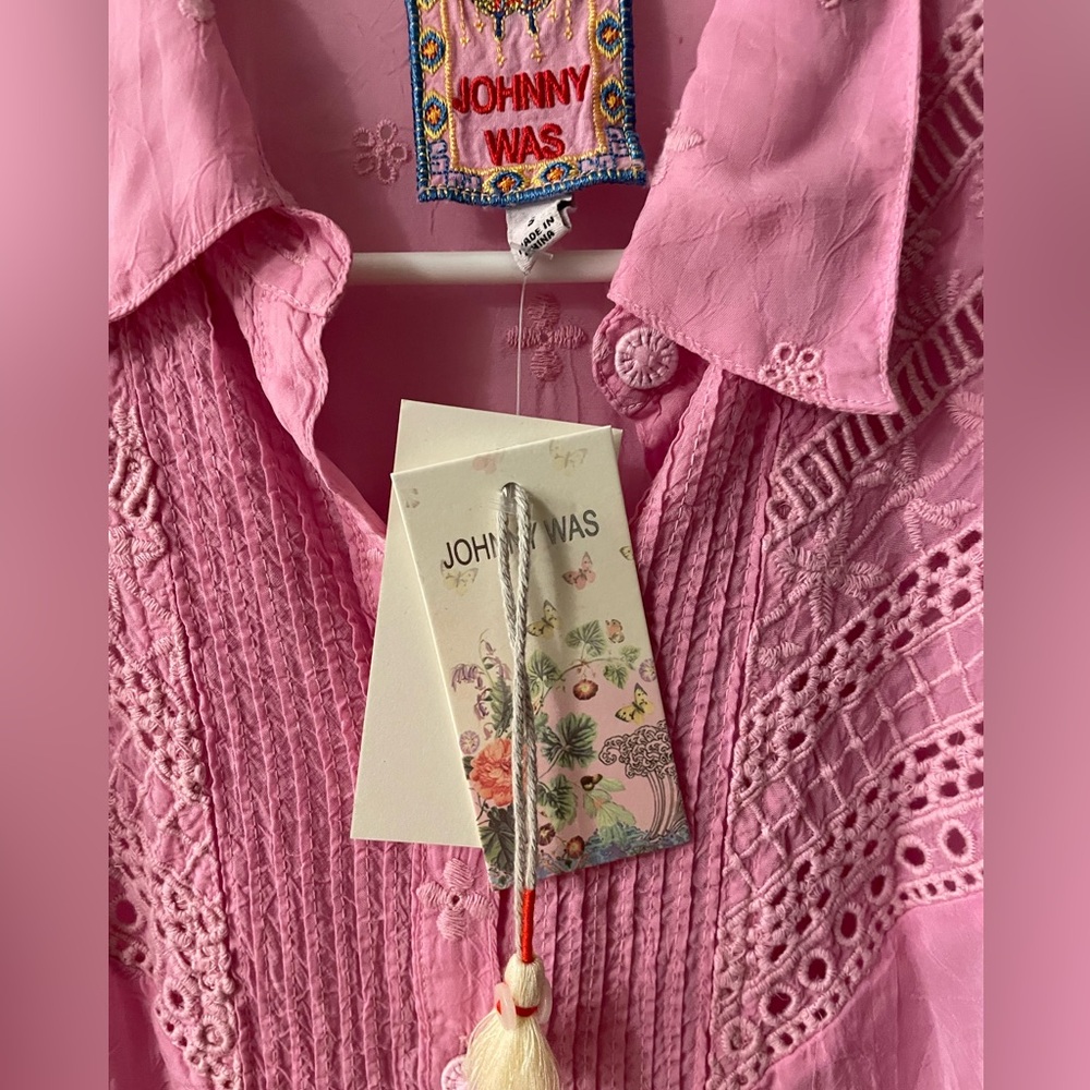 Johnny Was Button Down Shirt with Embroidery in Moonlight Mauve
